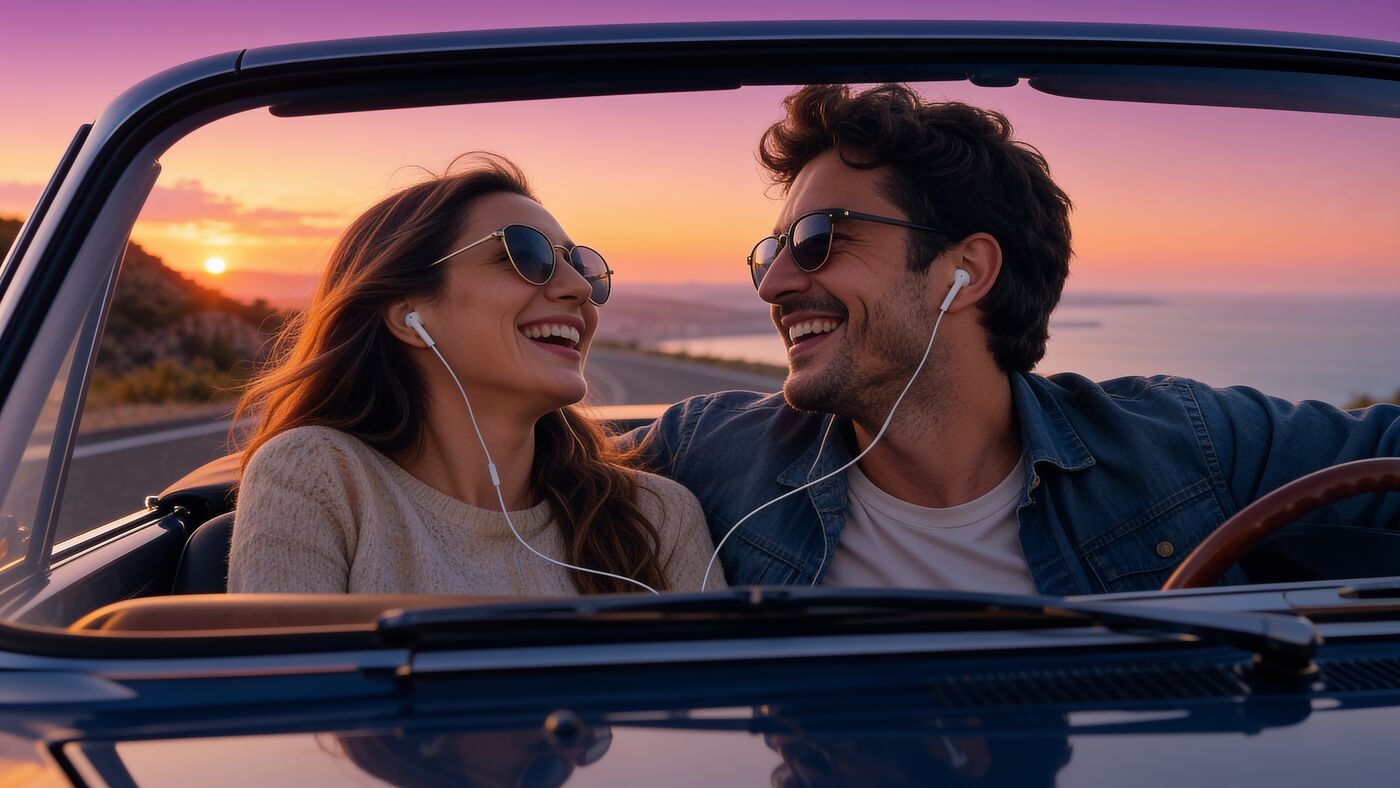 Couple in a convertible at sunset sharing earbuds, listening to their song together