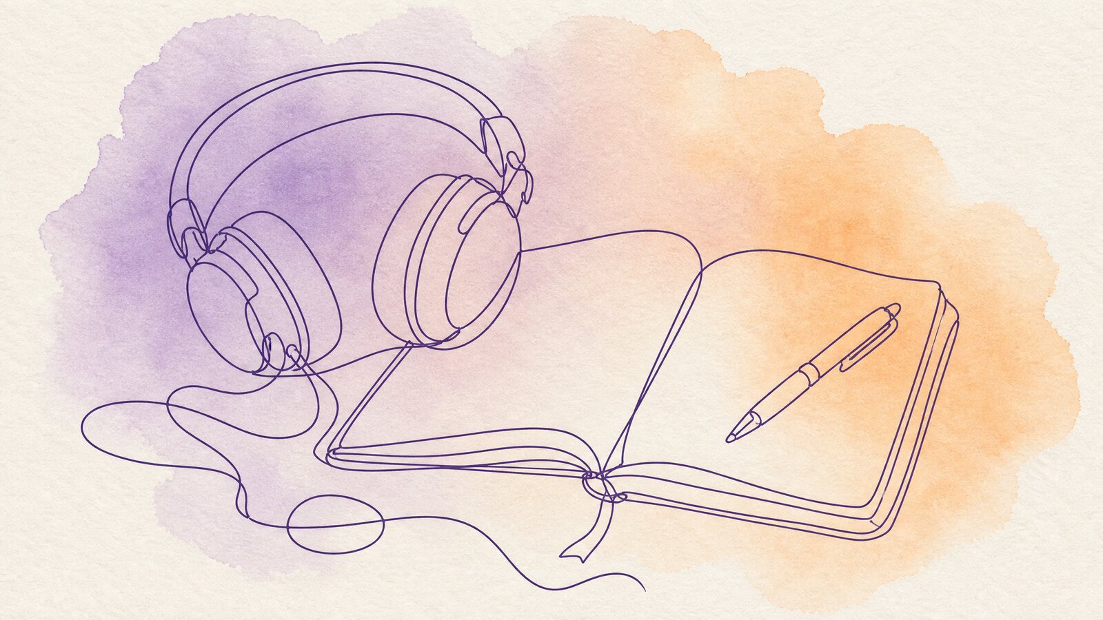 A quiet desk with headphones and a handwritten notebook
