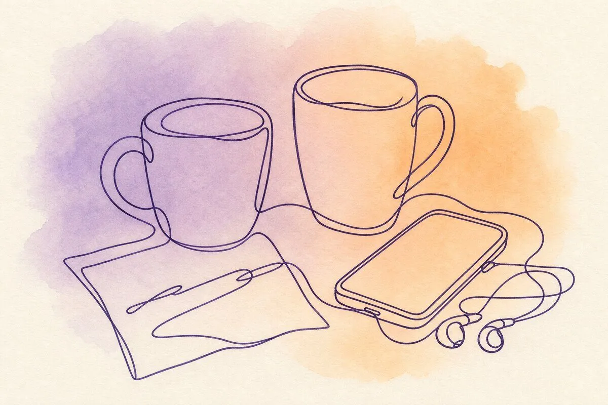 Two coffee mugs, a handwritten note and a phone with earbuds on a kitchen counter