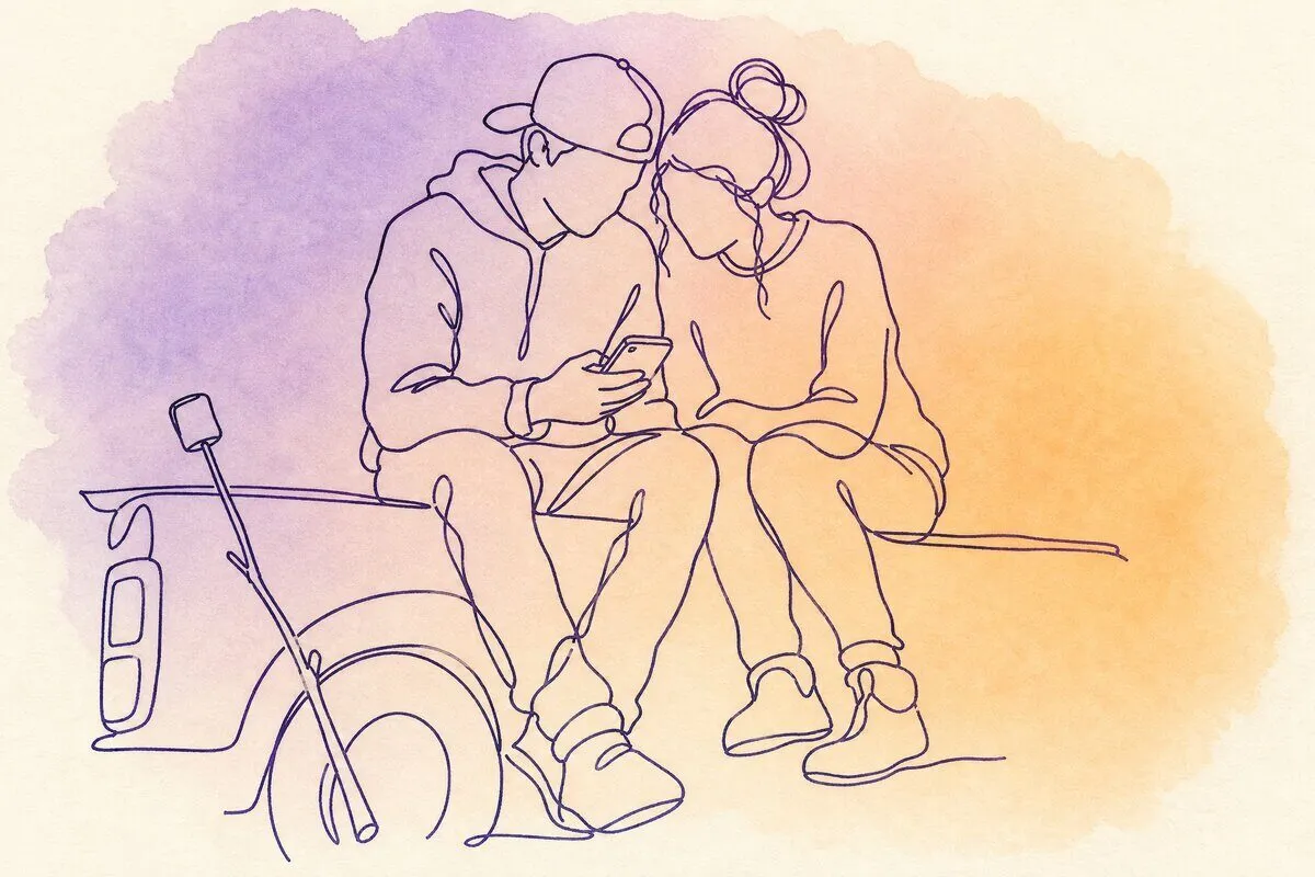 Two people sitting on a tailgate at dusk looking at one phone, a marshmallow stick leaning against the wheel