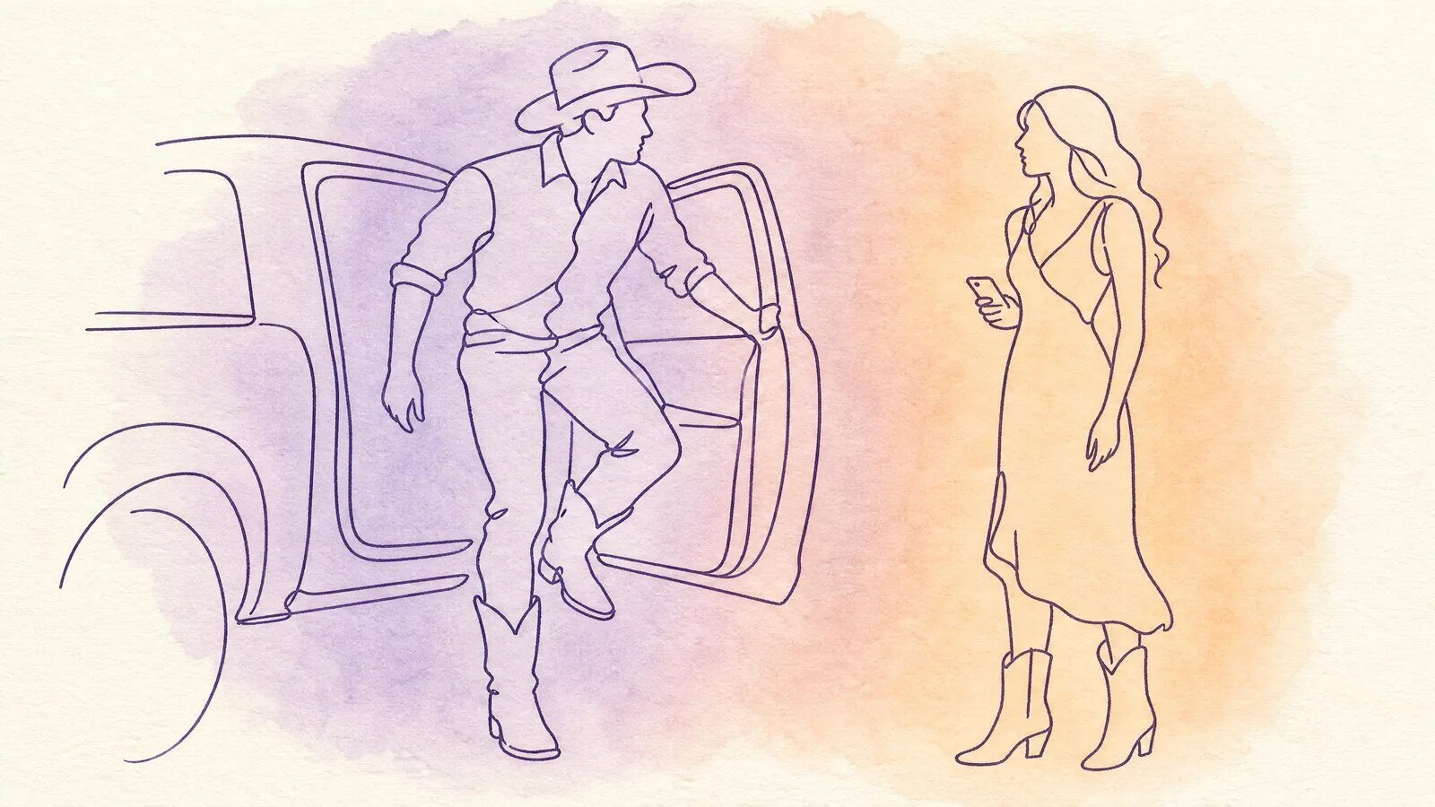 A man in cowboy boots stepping down from a pickup truck outside a steak house, a woman waiting by the door with a phone in her hand