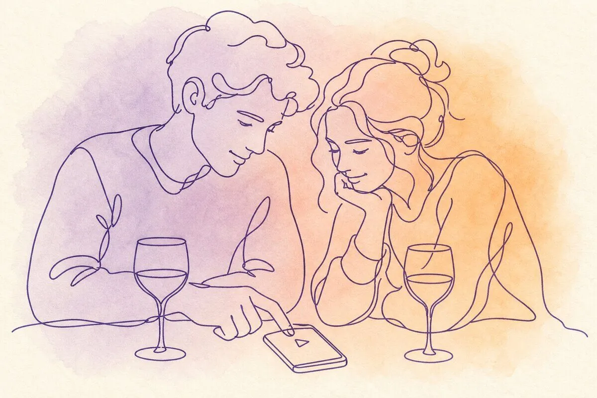A restaurant booth with two glasses and one phone on the table between them, his hand reaching to press play