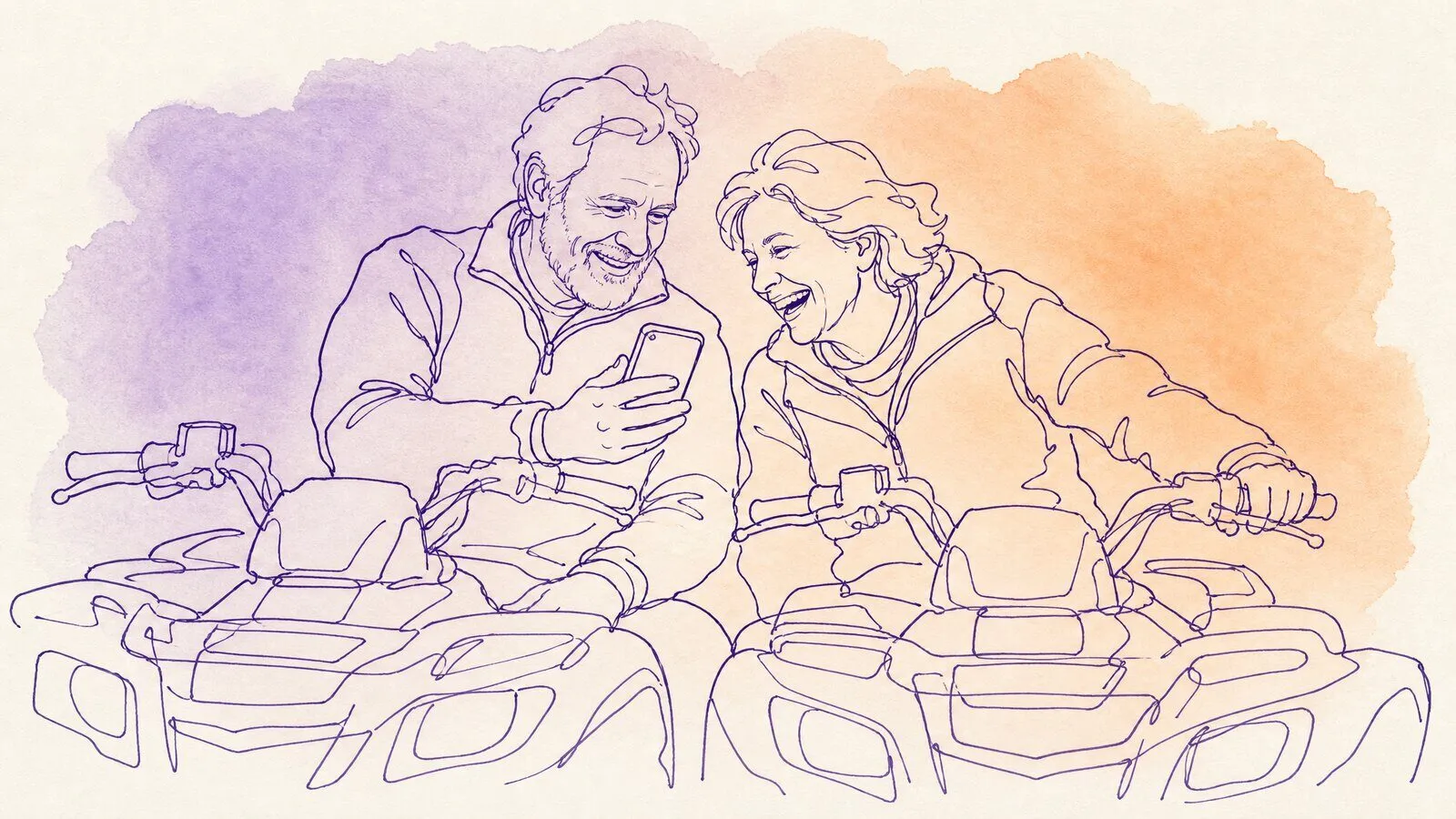A couple in their sixties on side-by-side quad bikes stopped on a mountain track, helmets off, she is laughing at something on his phone