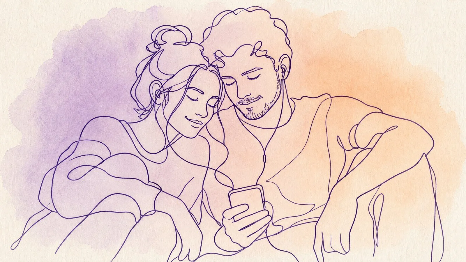 A couple on their back porch at dusk, listening to a song together on a phone