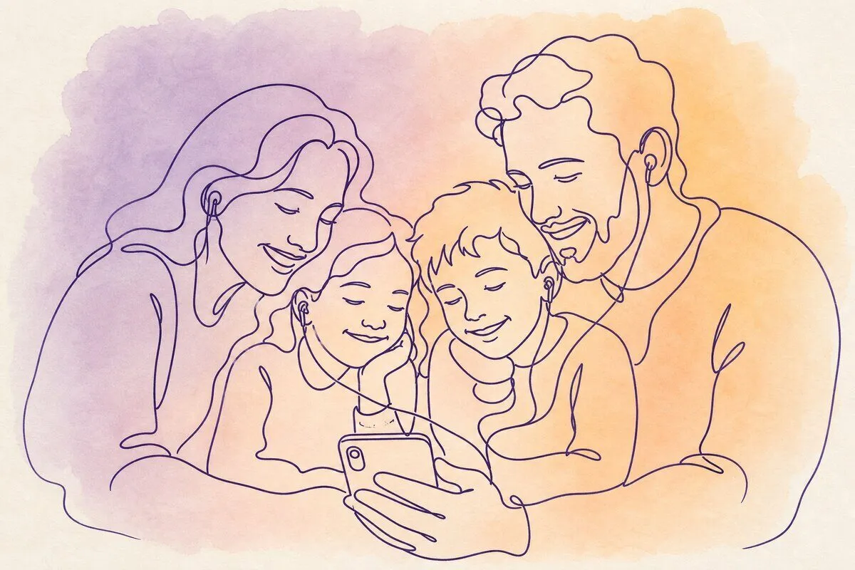 A family gathered around a phone listening to a custom birthday song