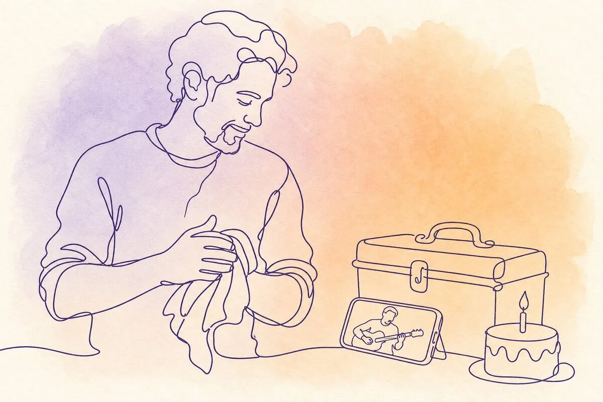 A man at a workshop bench wiping his hands on a rag, a phone propped against a toolbox playing, a small cake beside it
