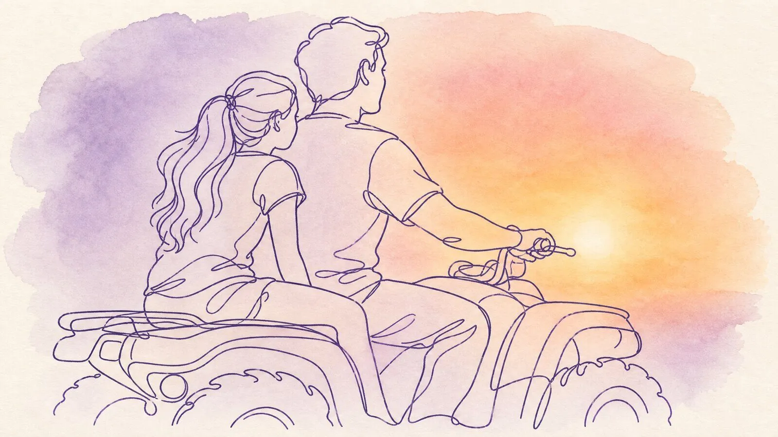 A father on a quad bike at the top of a hill at sunset, a teenage daughter behind him, both looking out at the light