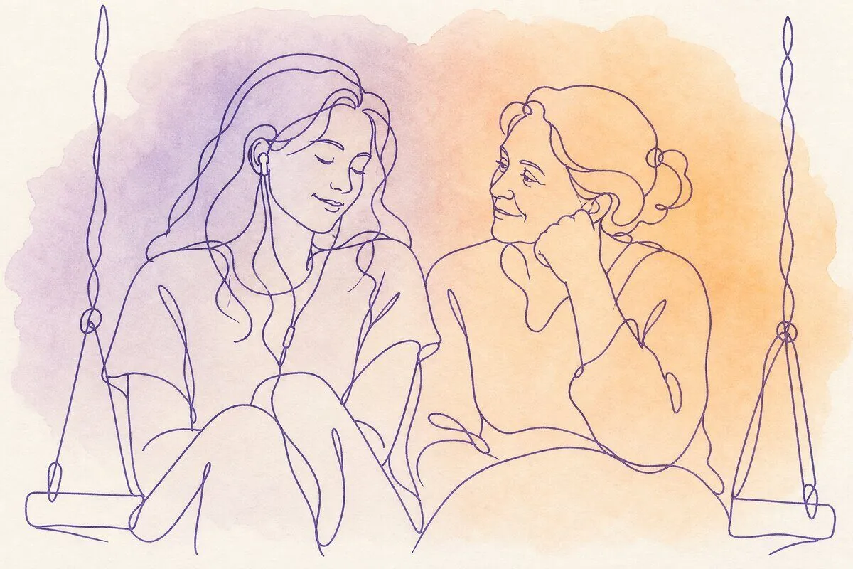 A grown daughter and her mother on a porch swing, the daughter with earbuds in, the mother watching her face