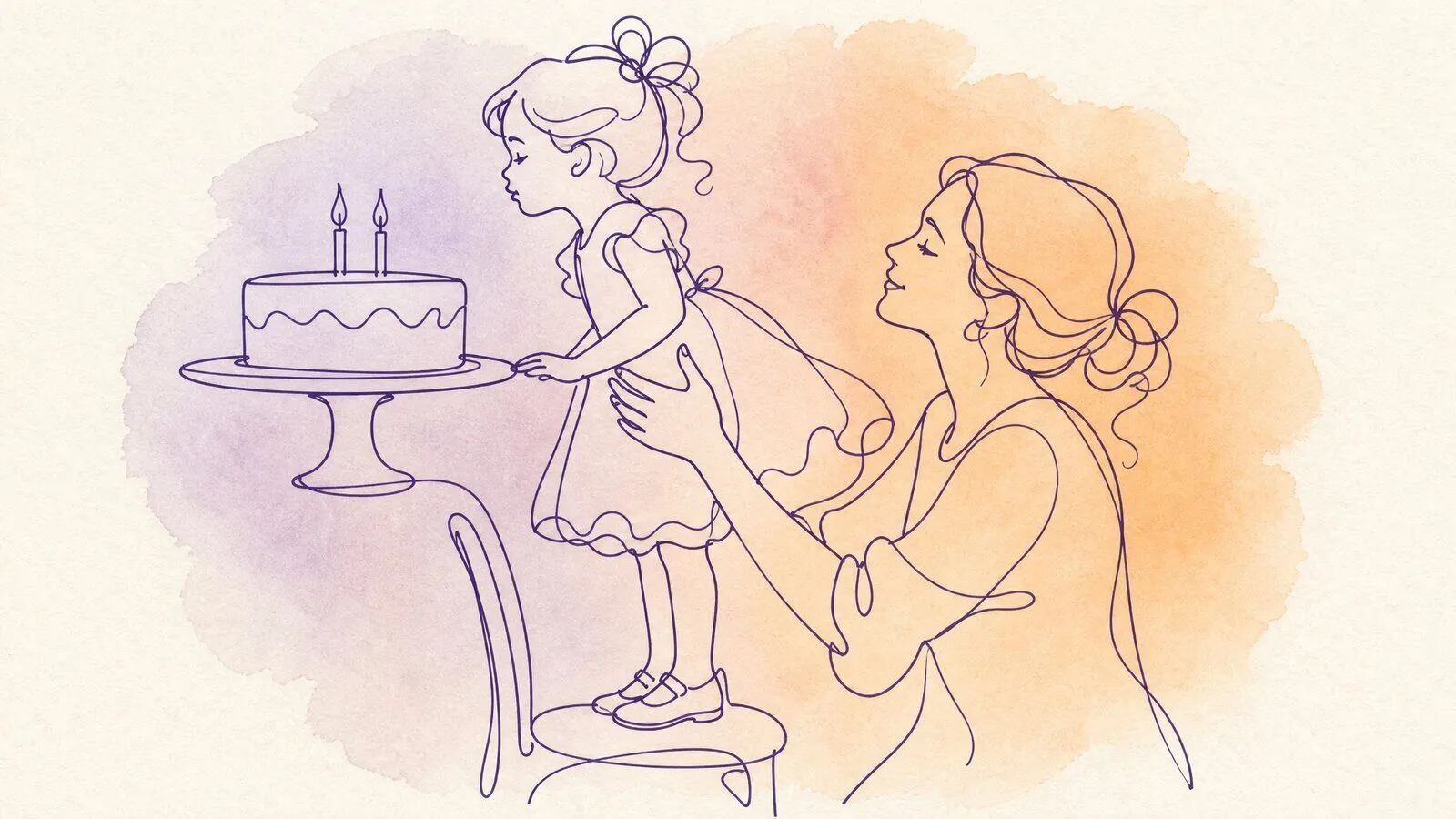 A small girl in a party dress standing on a chair to reach a cake with two candles, her mother steadying her