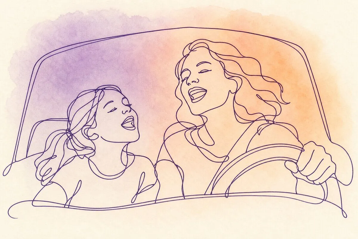 A car on a back road with the windows down, a woman driving and her daughter in the passenger seat, both singing