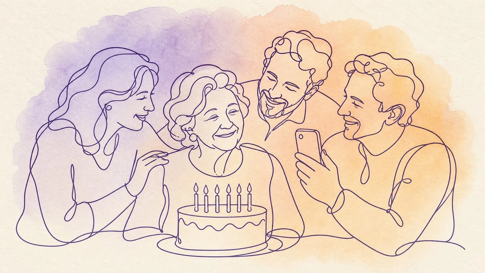 A mother in her sixties at the head of a birthday table with a cake, three grown children around her, one holding up a phone