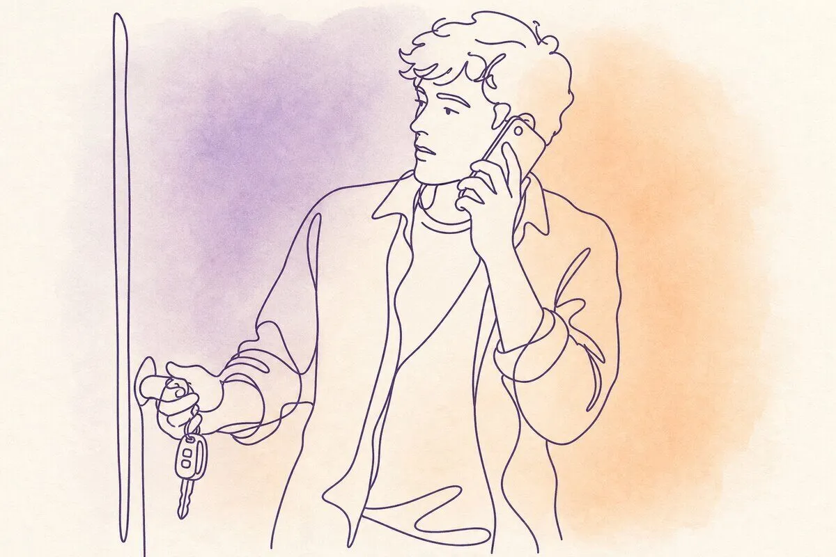 A young man of twenty-one in a doorway with car keys in one hand and a phone in the other, listening