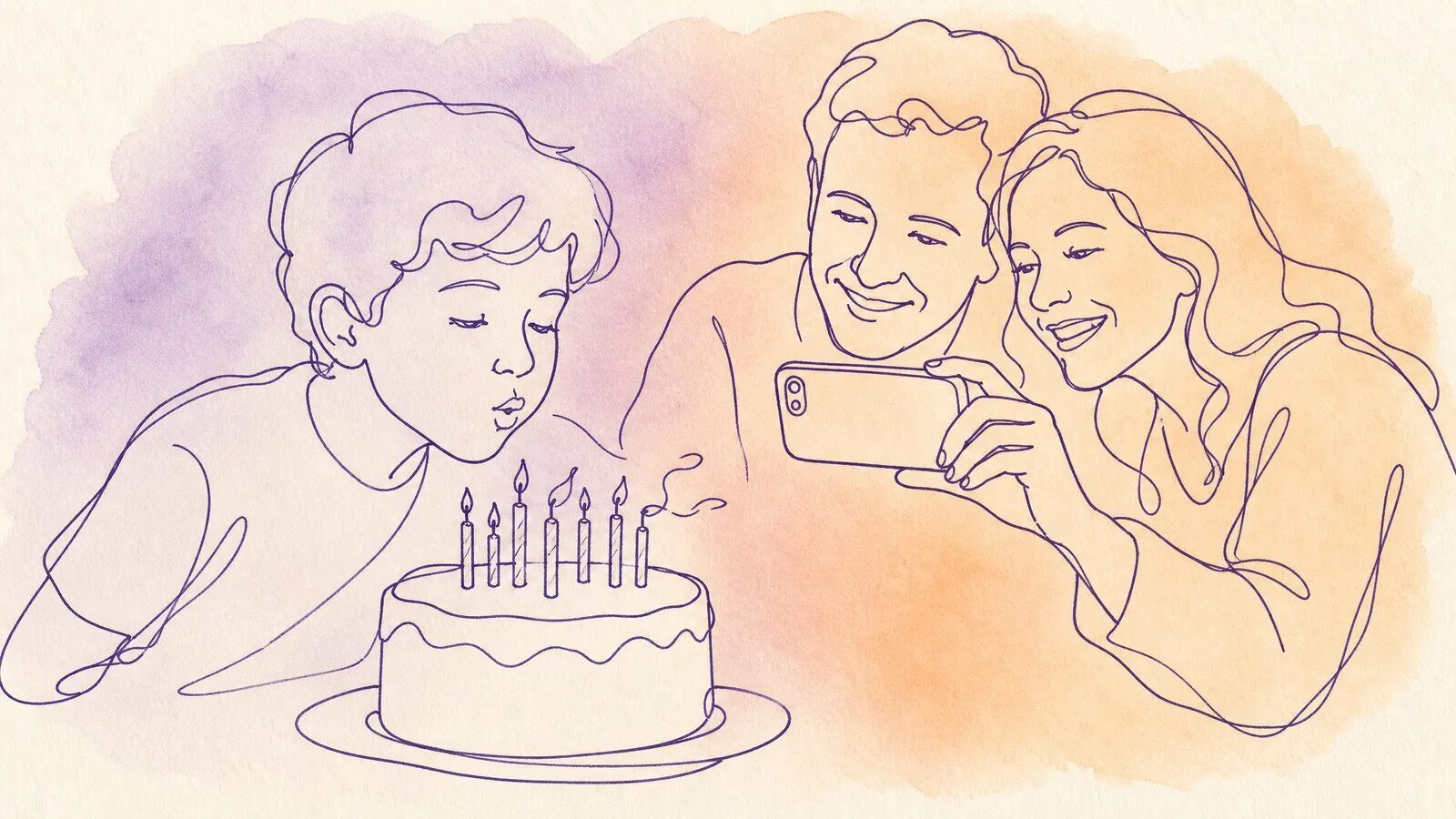 A boy of about ten blowing out candles on a cake while his parents film him on a phone from across the table