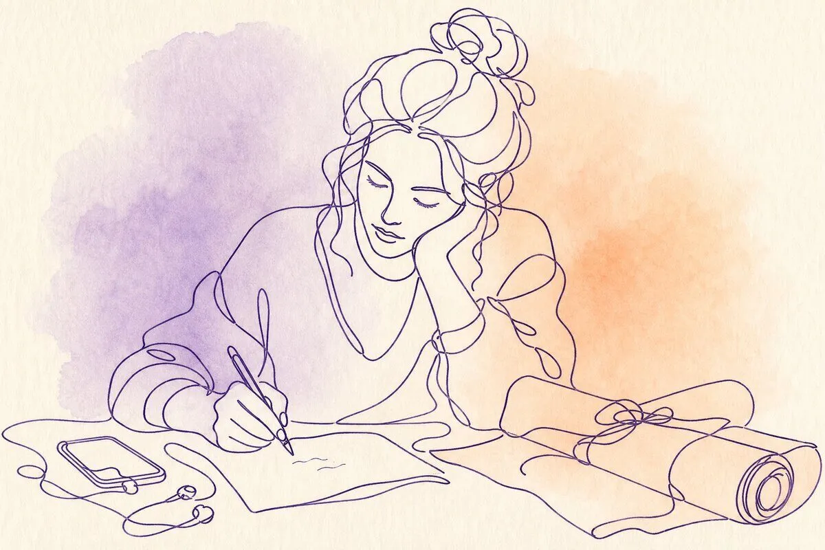 A December kitchen table with a handwritten note, a phone with earbuds and brown wrapping paper