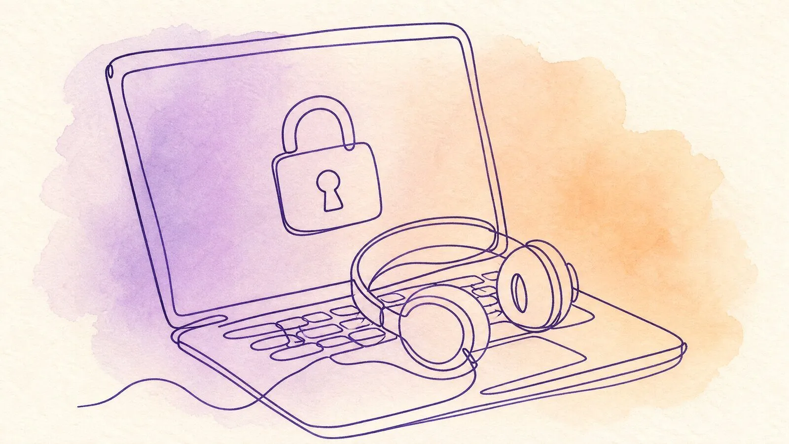 A laptop open on a private song page with a padlock icon, a pair of headphones resting on the keyboard