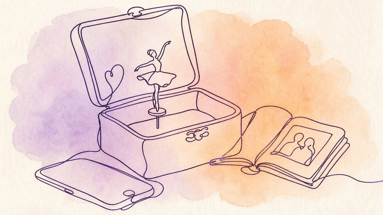 A wooden music box open on a table with a small photo album and a phone beside it