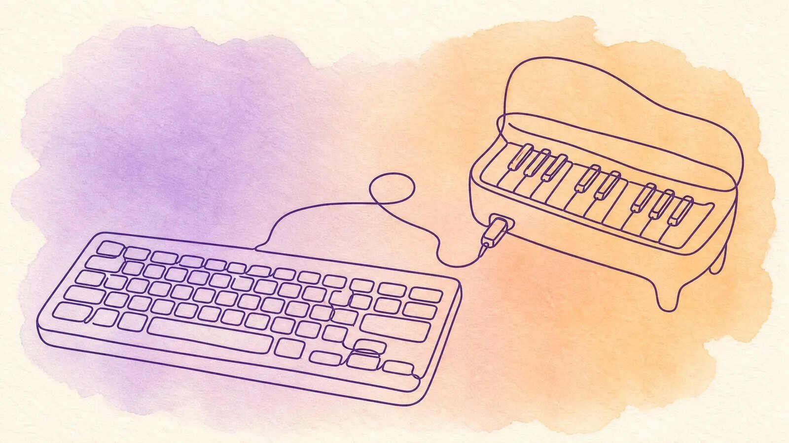 A computer keyboard on a desk with a small toy piano beside it, a cable connecting the two
