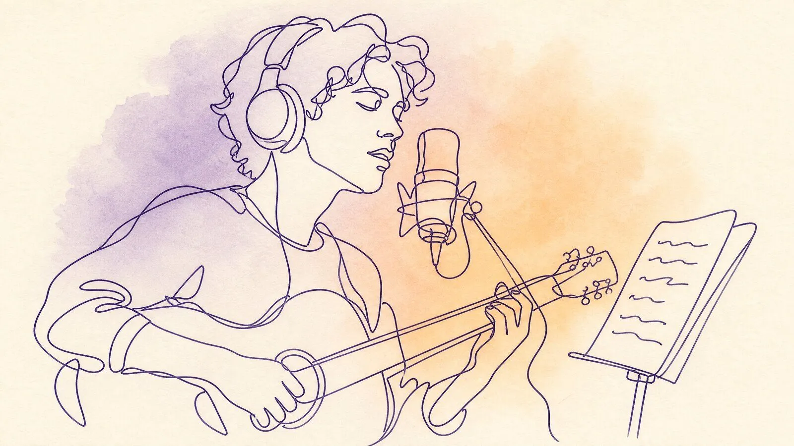 A singer with an acoustic guitar in a small recording booth, headphones on, a handwritten lyric sheet on a music stand