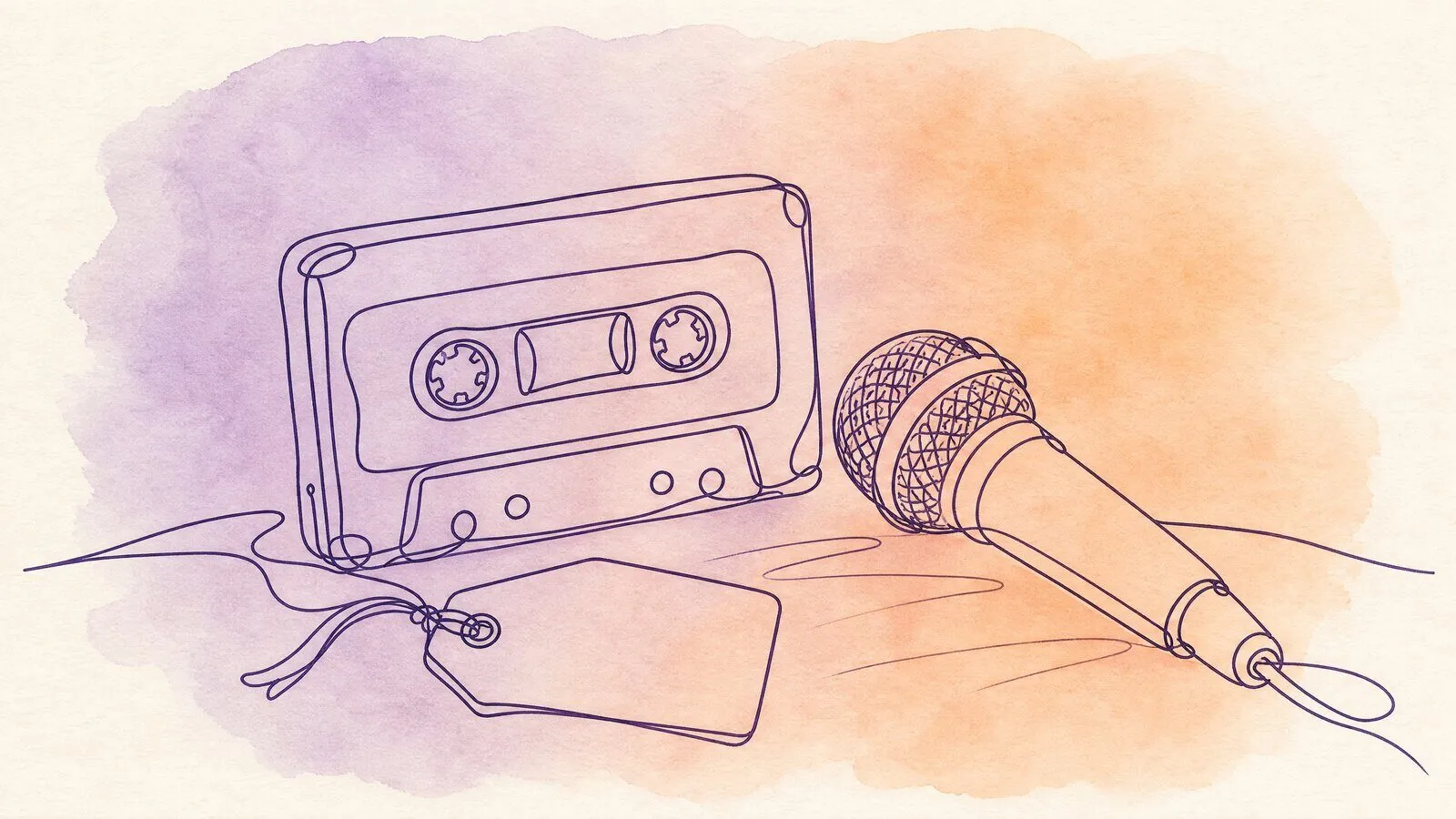 A cassette tape and a small price tag on a wooden table, a microphone lying beside them