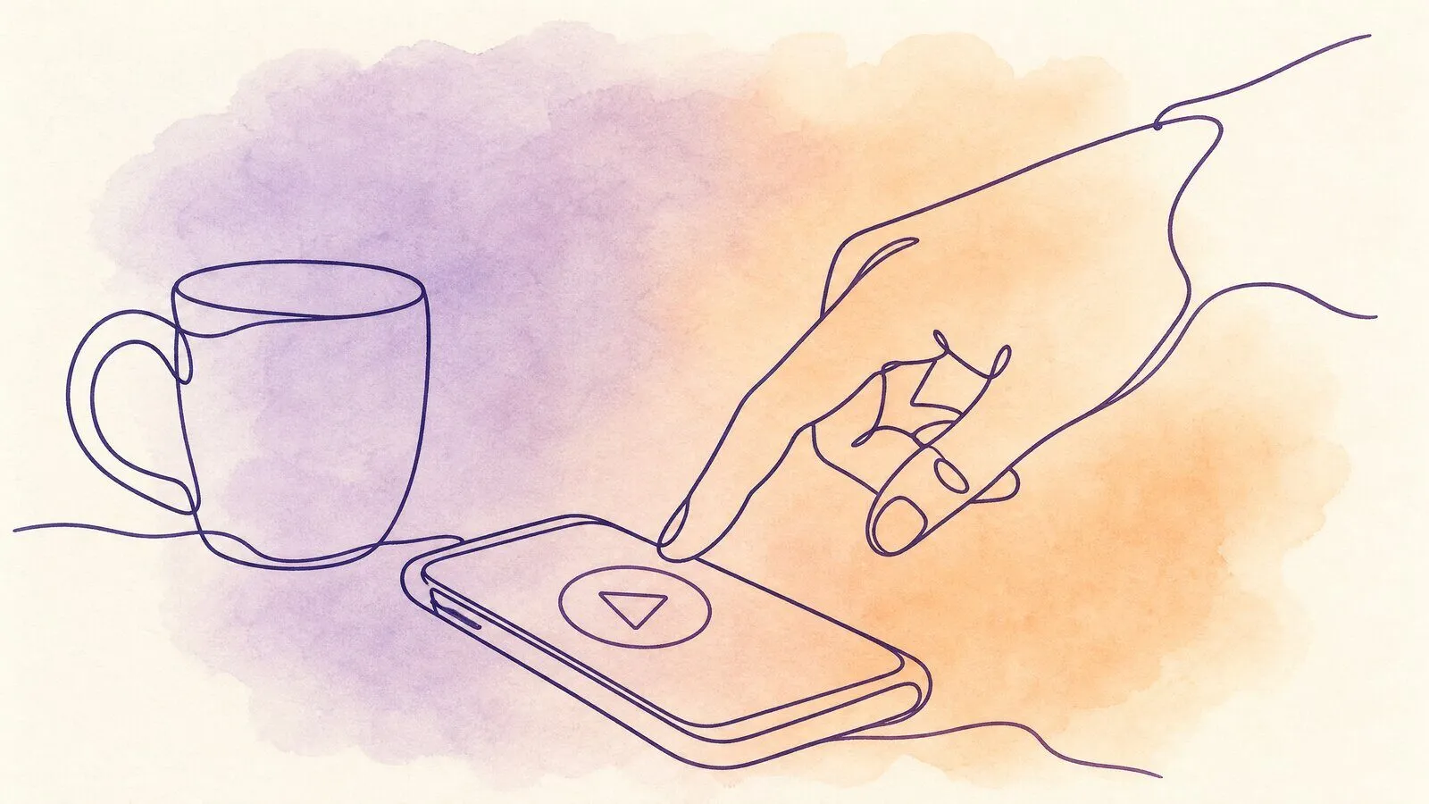 A phone on a kitchen table showing a play button, a mug beside it, a hand hovering over the screen