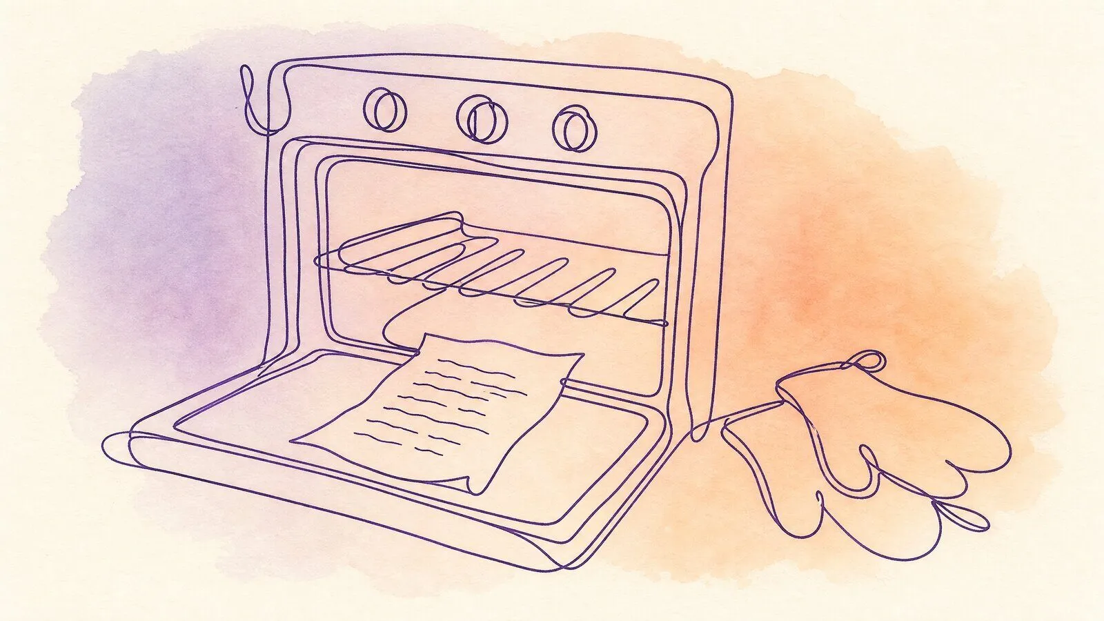 An open oven with a sheet of lyrics resting on the door, oven mitts on the counter beside it