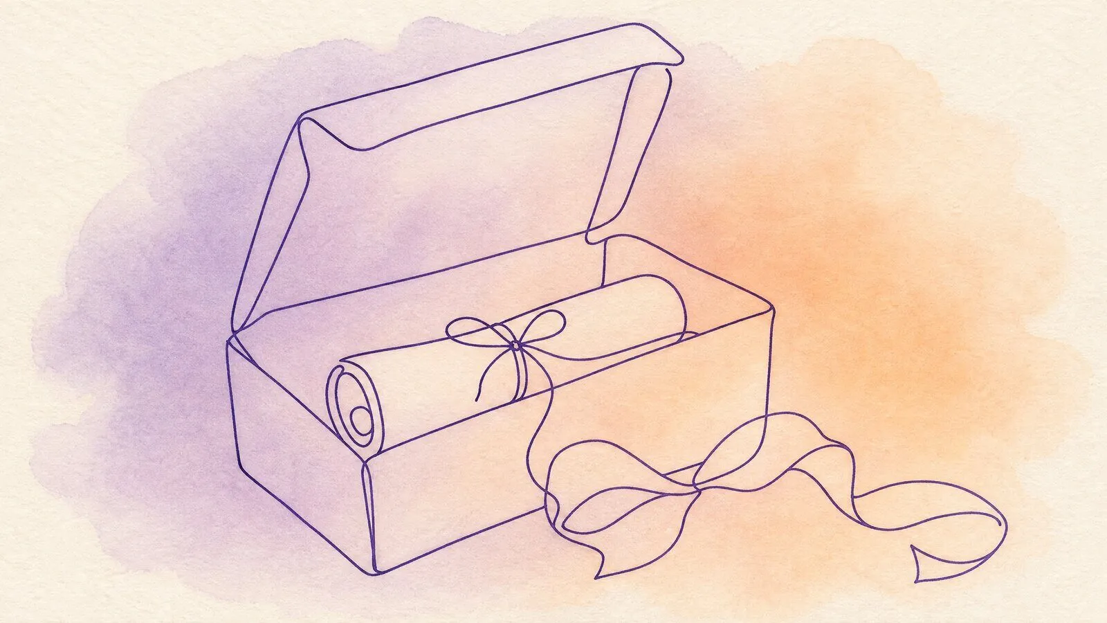 An open gift box on a table with a rolled sheet of lyrics inside it, a ribbon lying beside the box