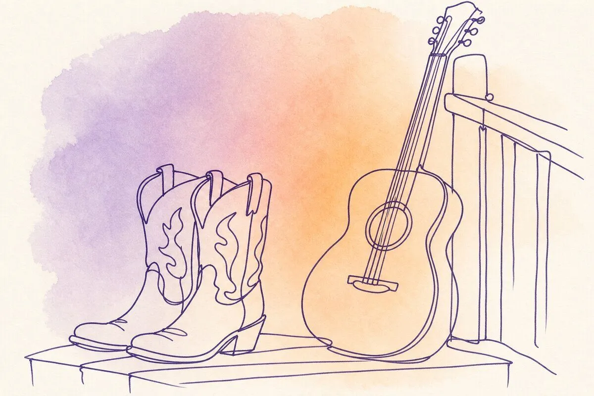 A pair of cowboy boots on a porch step beside an acoustic guitar leaning on the rail