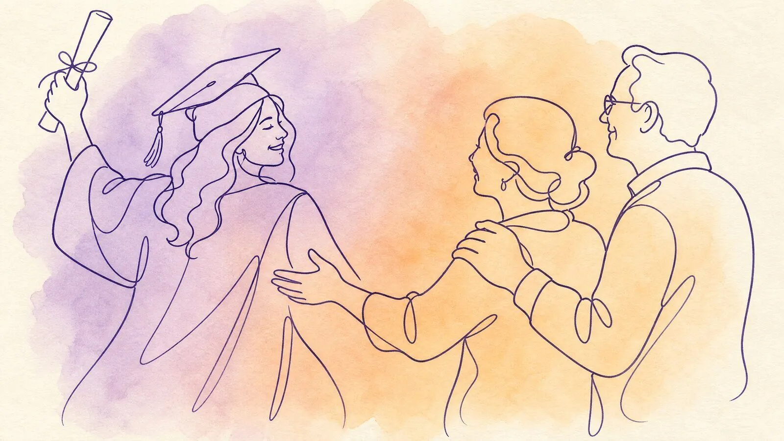 A young woman in a graduation gown and cap turning back toward her parents, one arm raised holding the rolled diploma, her mother reaching out to her