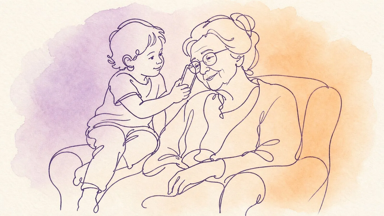 A grandmother in an armchair listening on a phone held up by a grandchild sitting on the armrest