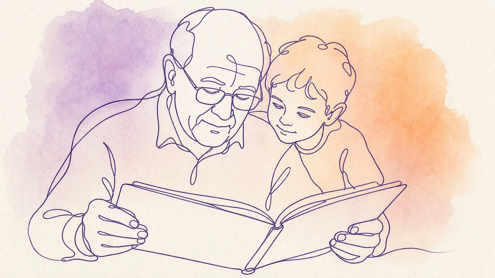A man in his seventies opening a hardback photo book at a table, a grandchild peering over his shoulder
