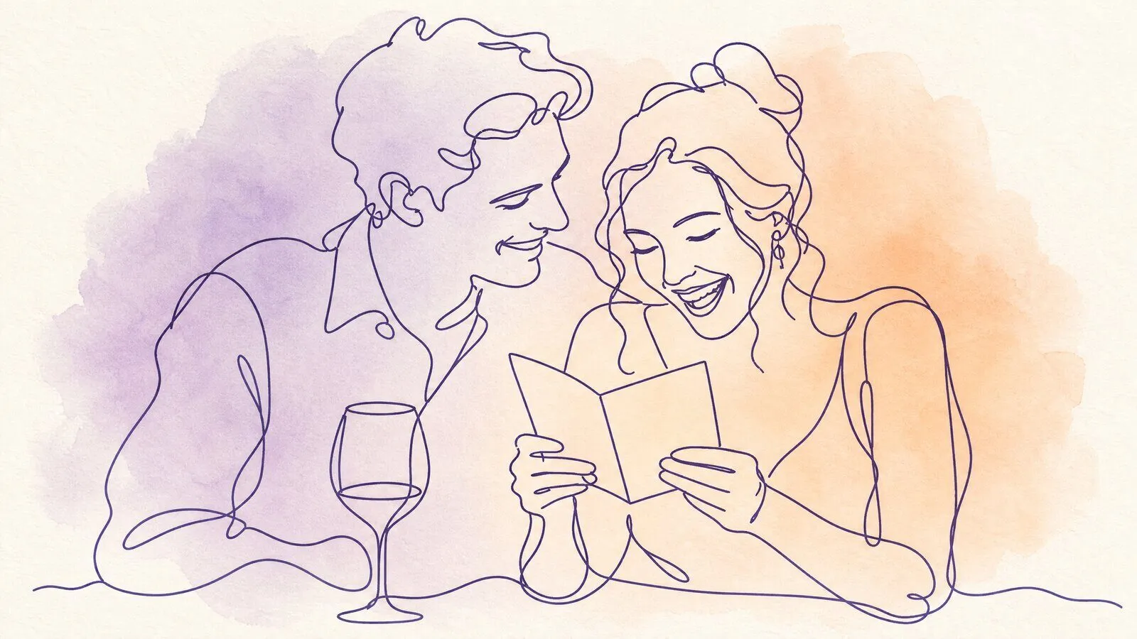 A couple at a restaurant table, she is reading an anniversary card and laughing