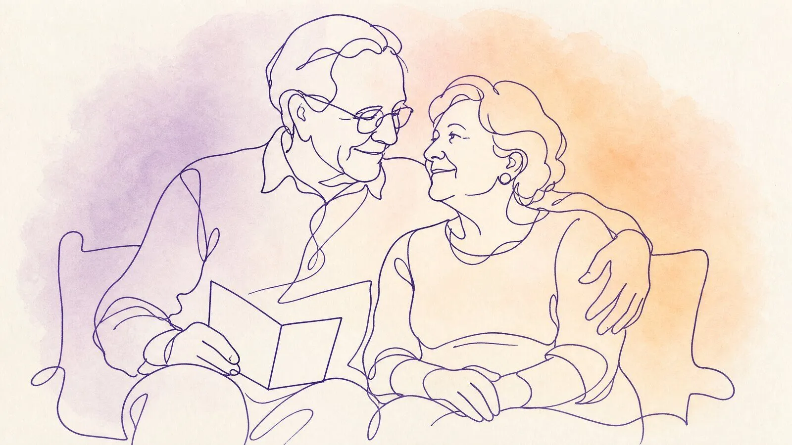 An older couple on a porch bench, an open anniversary card resting on his knee