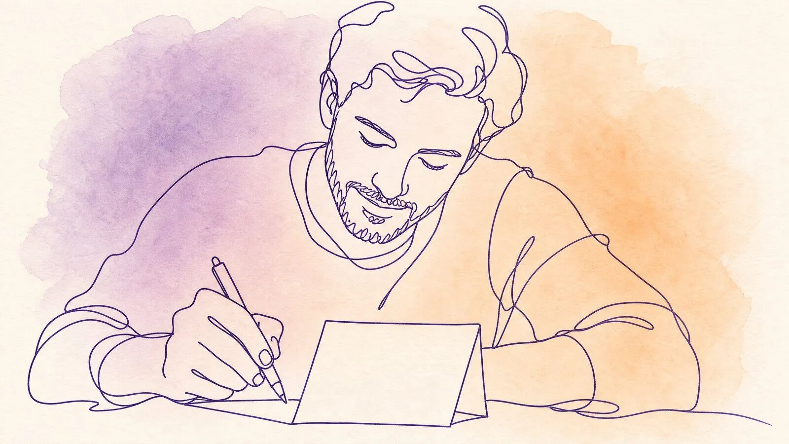 A man holding a pen over a blank anniversary card at a desk in evening light