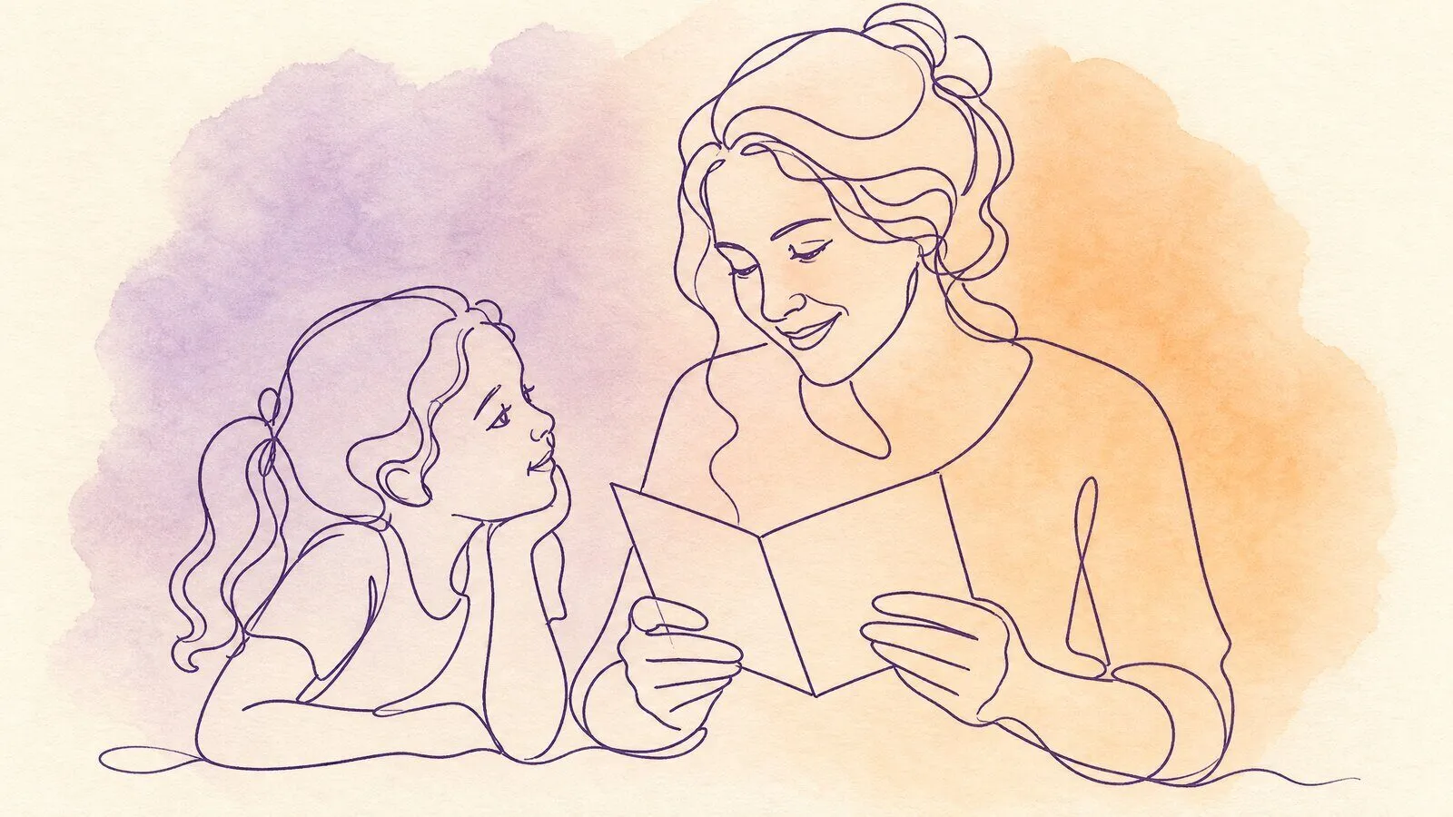 A mother reading the inside of a birthday card at the kitchen table, her daughter watching her face