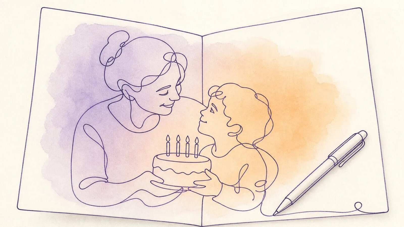 An open birthday card with a blank inside page on a kitchen table, pen resting on it