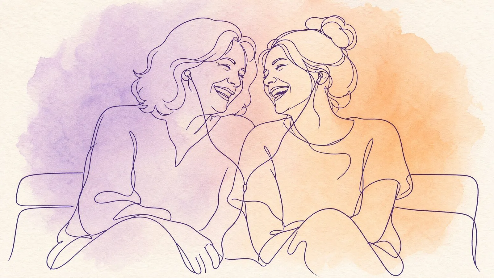 A mother and her adult daughter on a bench outside, sharing one pair of earbuds, both laughing