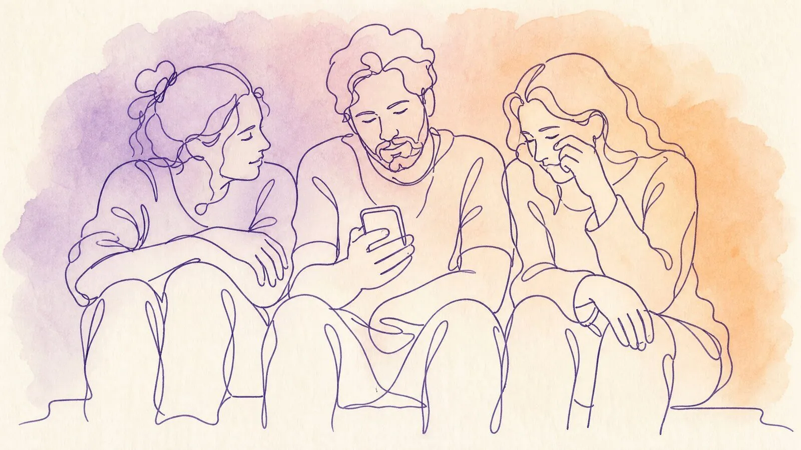 Three adult siblings on a back porch step, one holding a phone, the others listening, one wiping an eye