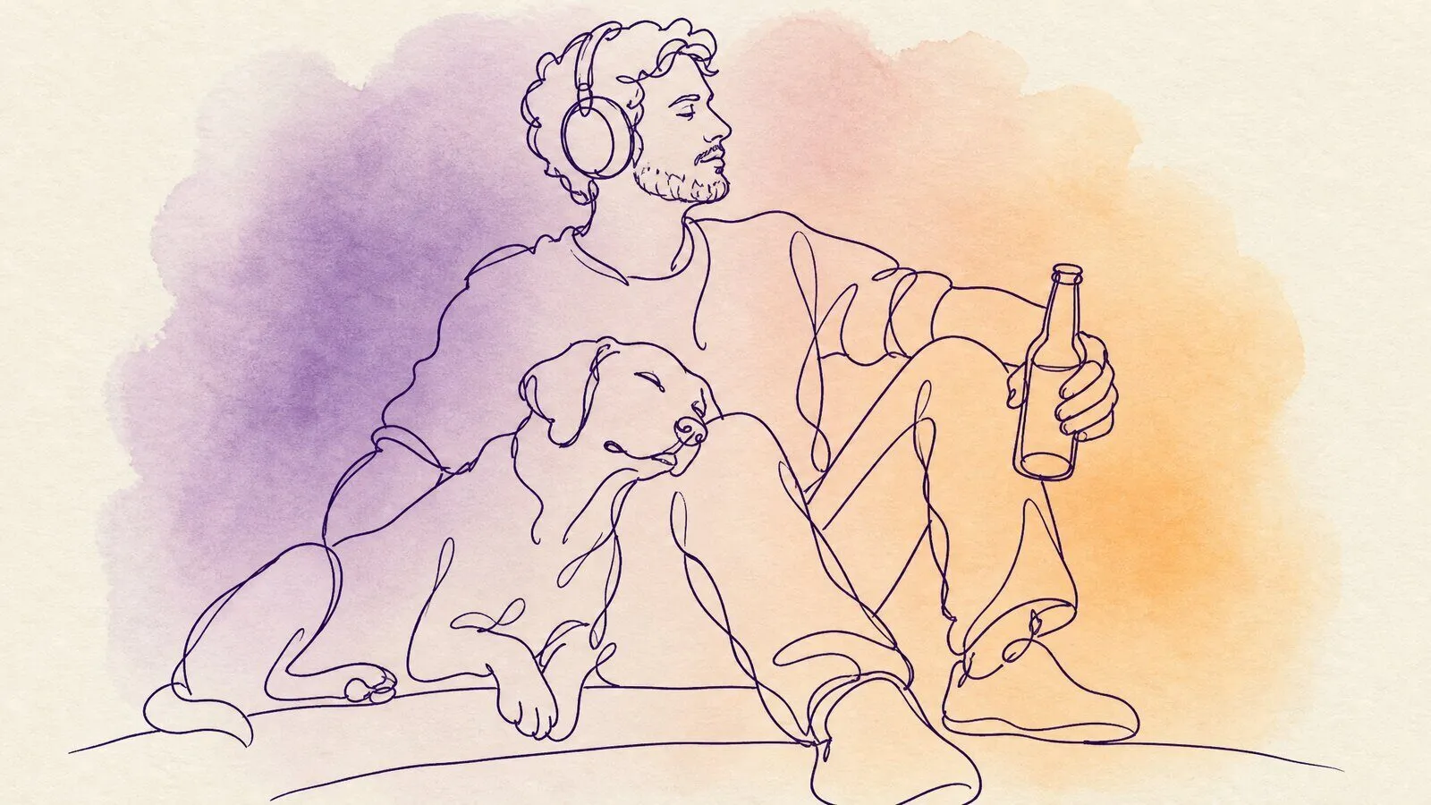 A man on a porch step at dusk with headphones on and a beer, a dog leaning against his leg