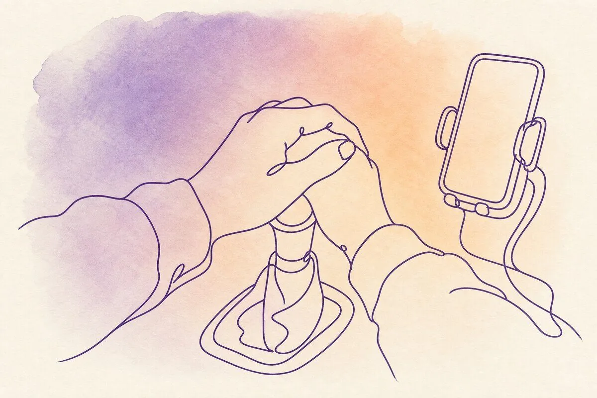 Two hands on a gear shift at dusk with a phone in the dashboard mount