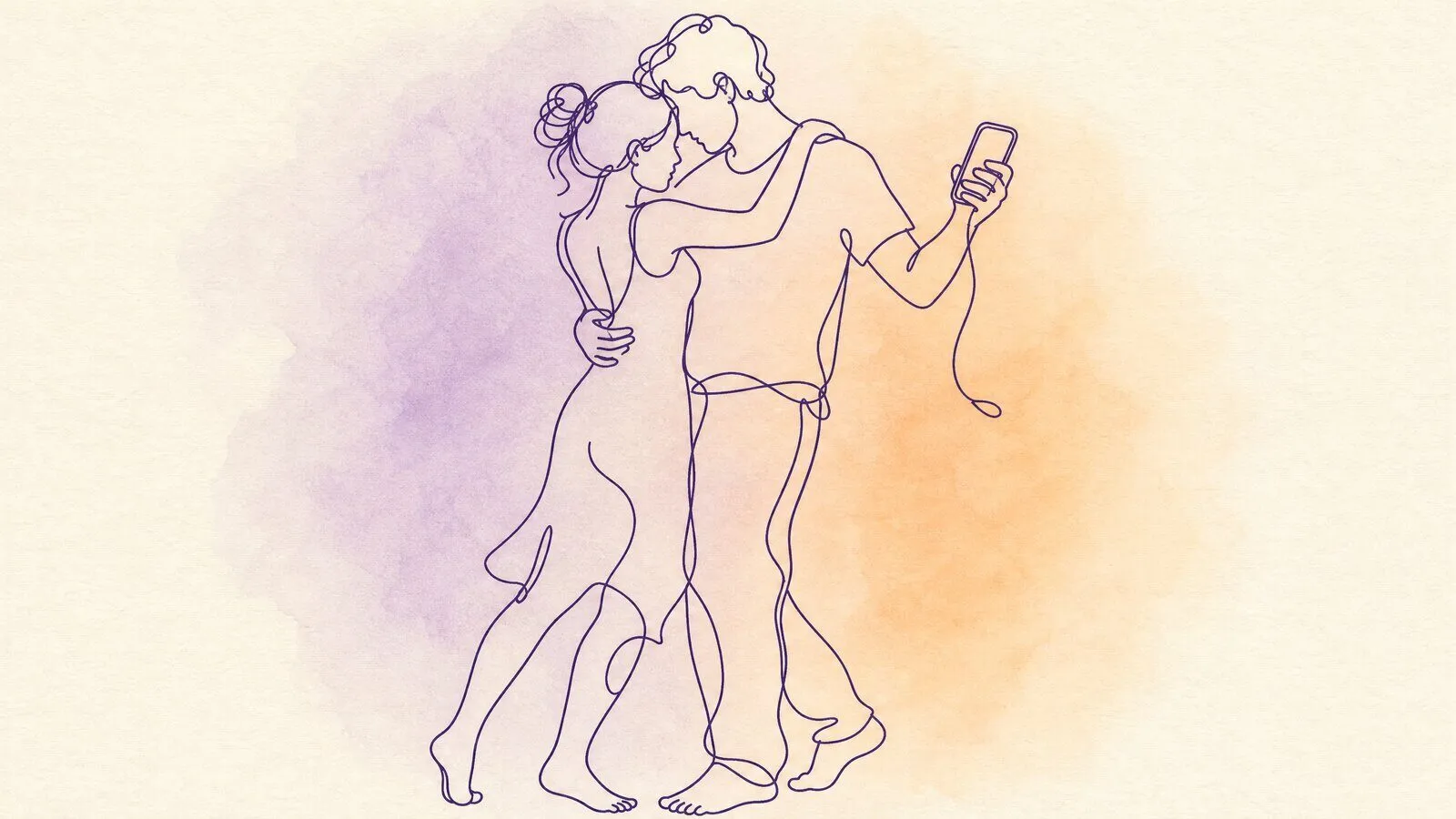 Two people slow dancing barefoot in a small kitchen, one holding a phone that is playing the song