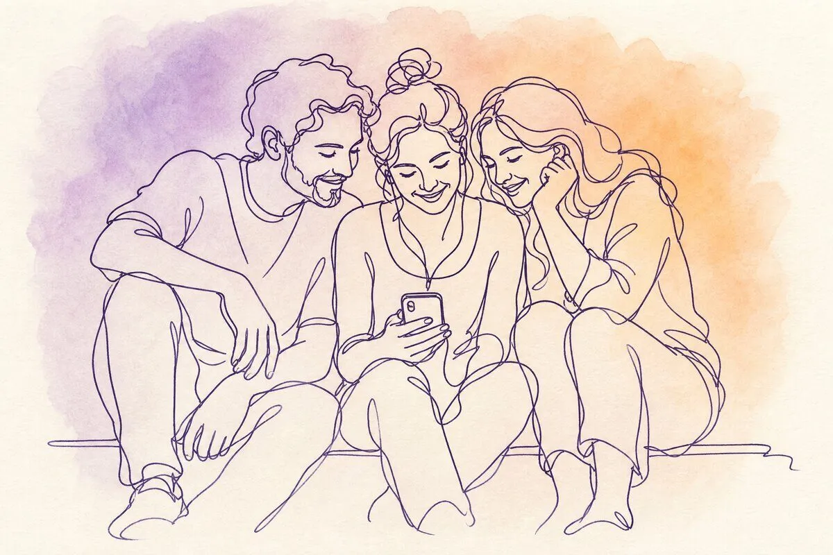 Three adult siblings on a porch step listening to a song on a phone together