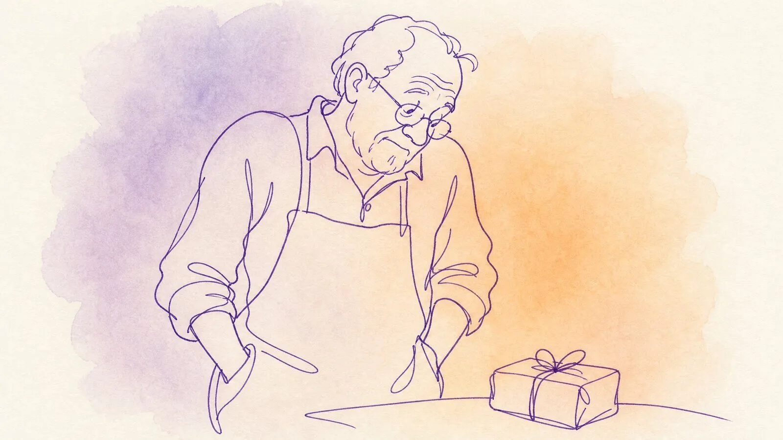 A man in his sixties in a workshop, hands in his pockets, shrugging at a small wrapped box on the bench