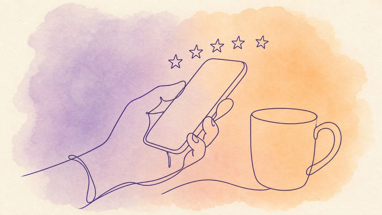 A hand holding a phone with five small stars above the screen, a mug on the table beside it