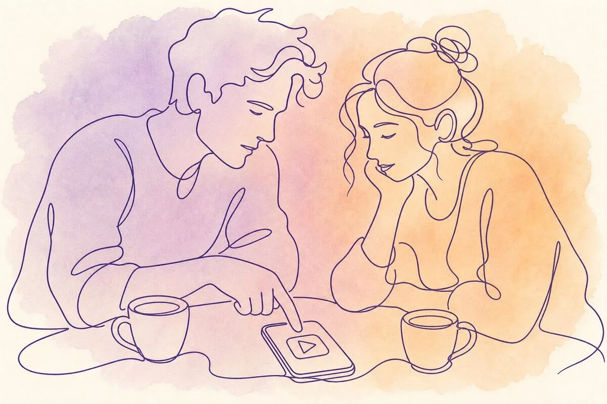 Two coffee cups on a cafe table with one phone between them and a hand reaching to press play