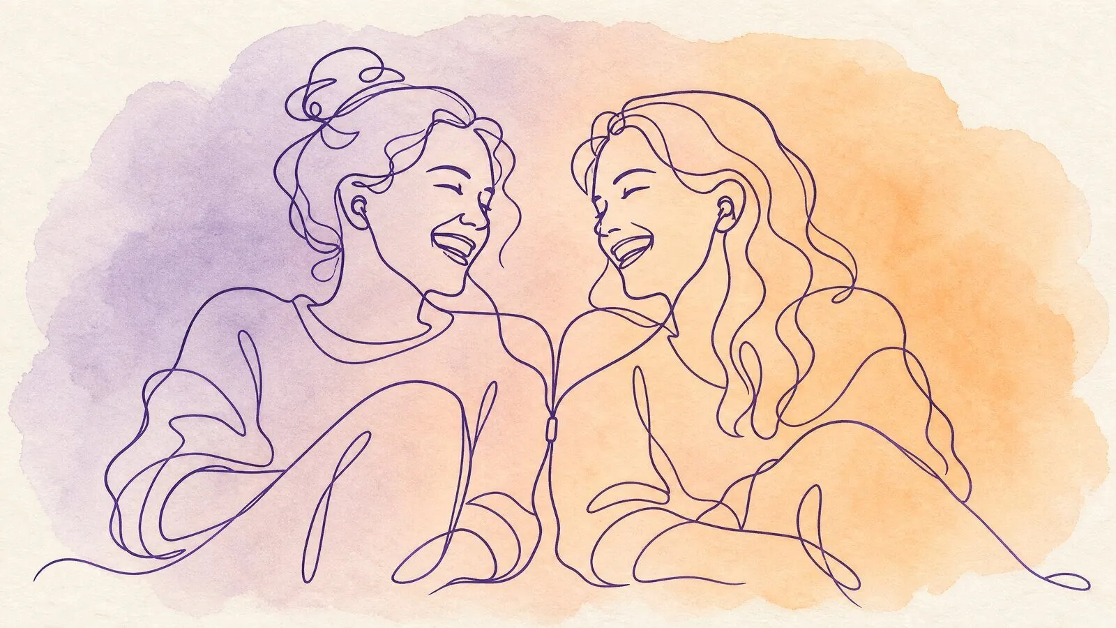 Two women on a bench sharing one pair of earbuds, laughing