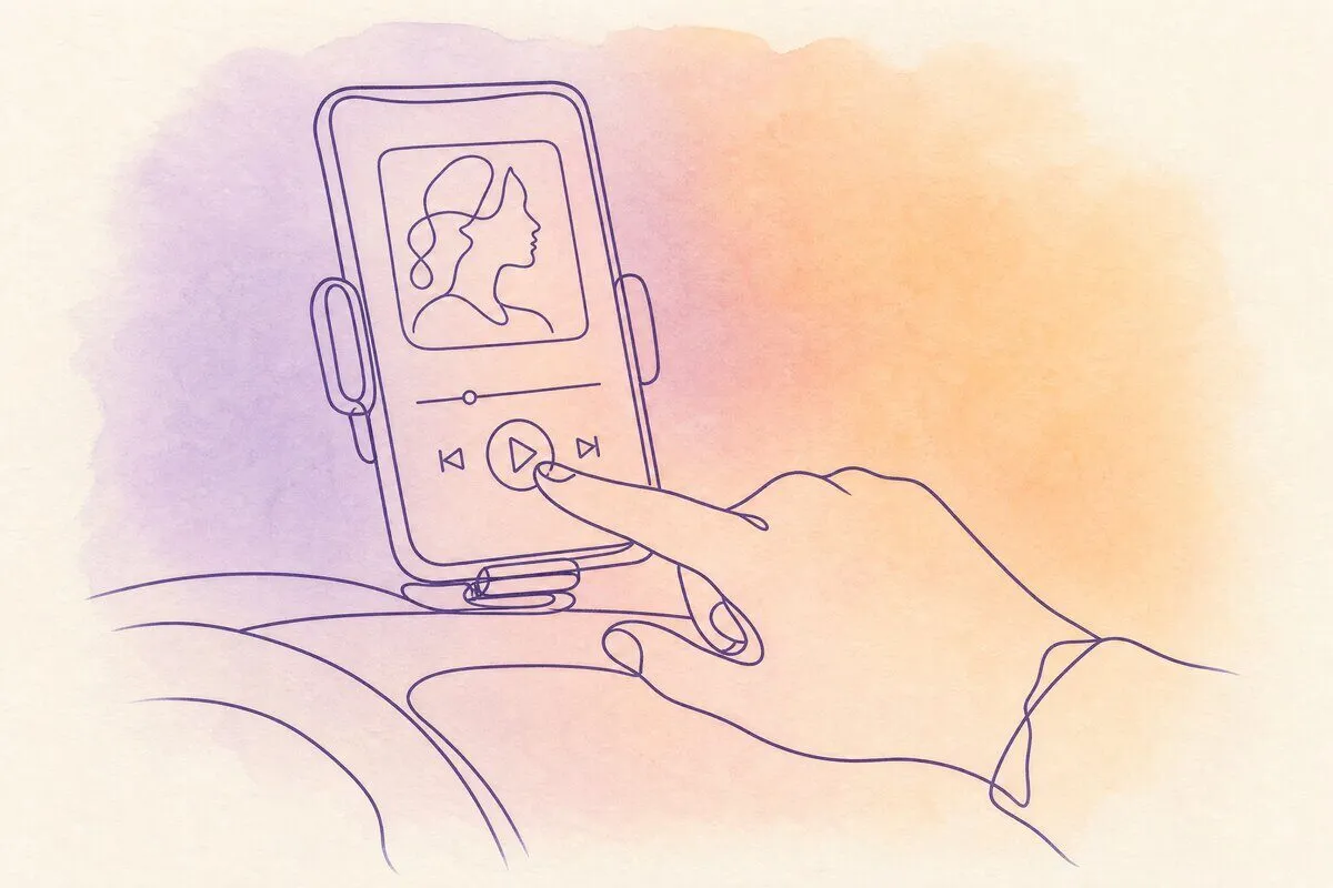 A phone on a car dashboard at night showing a paused song, a hand reaching to press play