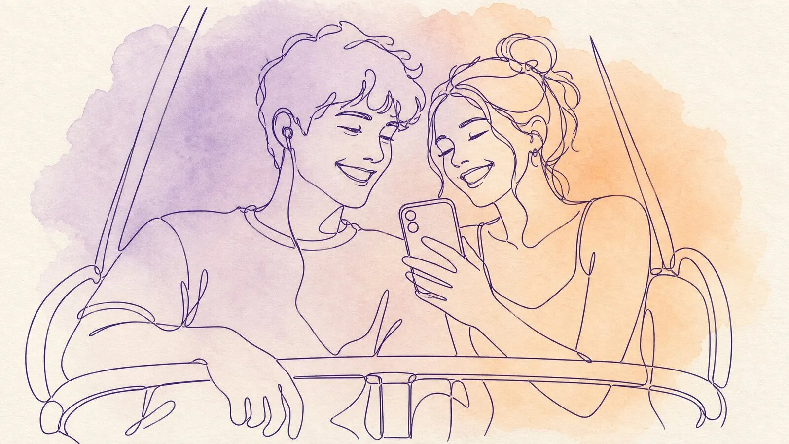 A young man on a Ferris wheel seat at a county fair, one earbud in, grinning at the phone his girlfriend is holding up beside him
