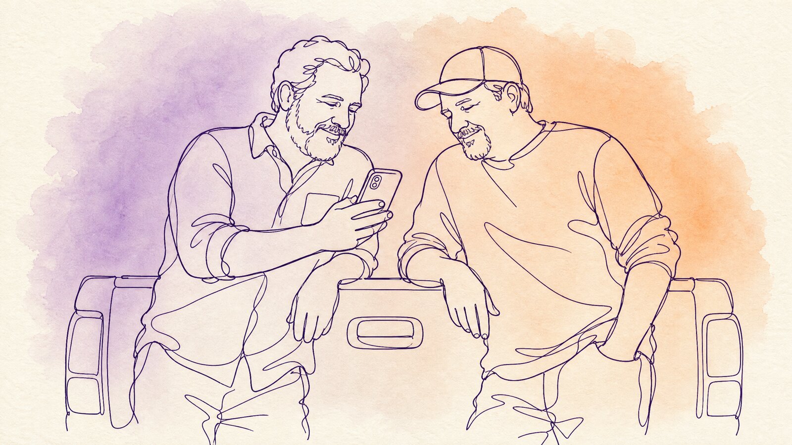Two middle-aged brothers leaning on the tailgate of a pickup truck, one holding a phone up between them