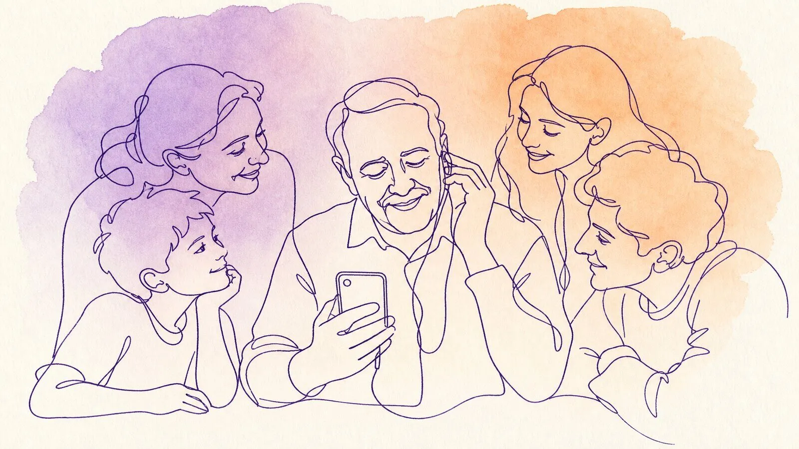 A father in his sixties hearing a song on a phone at the head of the family table