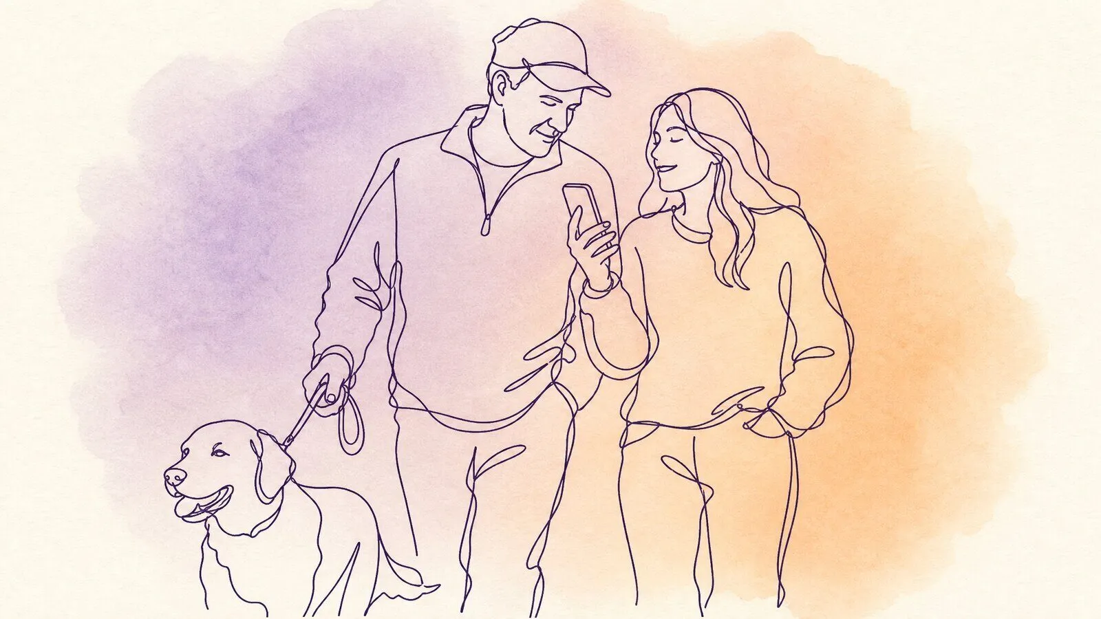 A father and his grown daughter walking a dog along a path, she is holding up her phone for him to hear